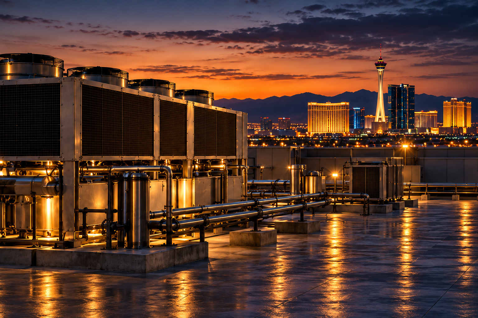 Massive unbranded industrial cooling towers with steel piping and service catwalks overlooking a desert city