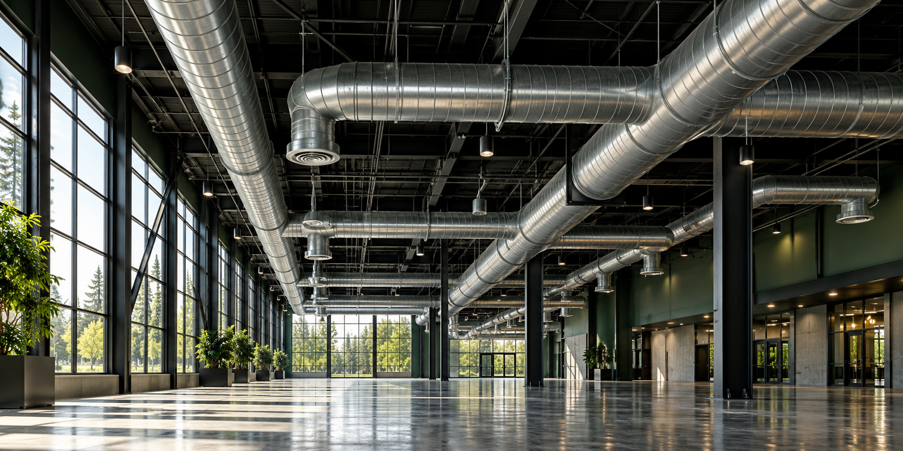 Exposed spiral ductwork in an industrial interior